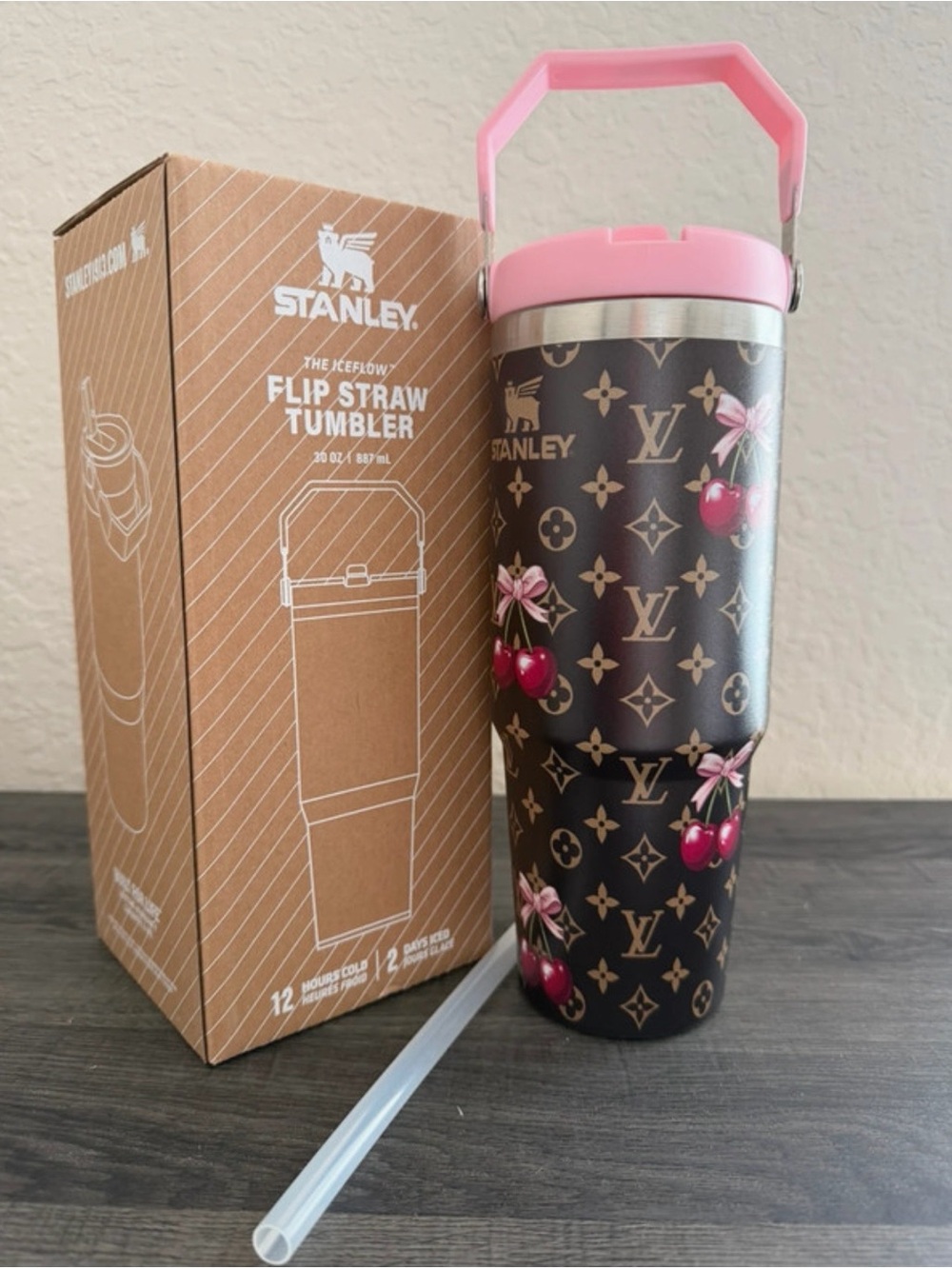 Stanley Pink Handle Flip Straw Tumbler with Cherry Pattern-Fashion Tumbler